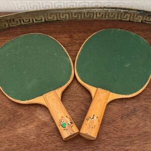 Vintage Wooden Ping Pong Paddles with Green Surface